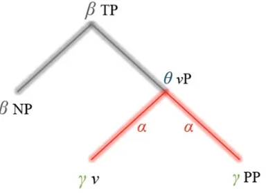 Figure 2:  An oscillomic tree representing the putative rhythms responsible for particular lexical and phrasal structures according to Murphy (2015d)