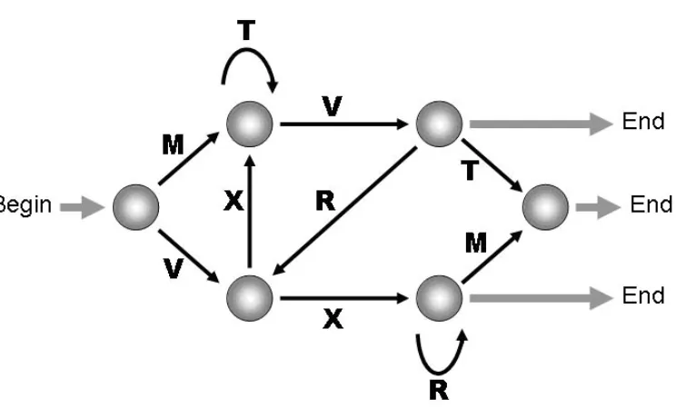 Figure 2.  A finite-state grammar used to generate stimuli for artificial grammar learning tests (cf