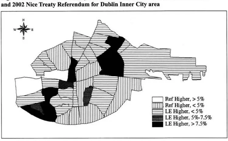 Figure 6. and 1Ornout differences, by electoral division, between 2004 local elections 2002 Nice Treaty Referendum for Dublin Inner City area 