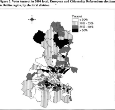 Figure 3. Voter turnout in 2004 local. European and Citizenship Referendum eledions In Dublin region, by electoral division 