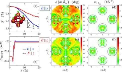 FIG. 5. Global (a) spin and (b) energy variation in Fe6different excitations differing only by the direction of polarizationof the electric-ﬁeld pulse