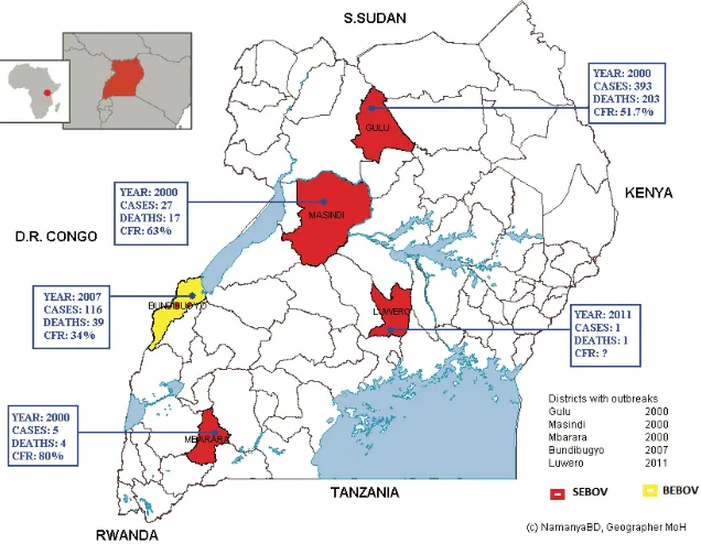 Fig. 1.1 Map of previous Ebola outbreaks in Uganda between 2000 and 2011(exclusive of Kibaale 2012)