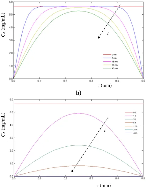 Fig. 5 Drug concentration inside the ocular device for different instants obtained with the one-dimensional mathematical approach: a) during the first 45 min of delivery and b) for greater periods (1 h, 3 h, 6 h, 12 h, 24 h and 48 h)