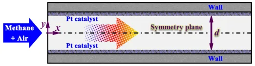 Fig. 1  Schematic diagram of the catalytic micro-combustor. Symmetry allows the simulation of only half of the combustion system