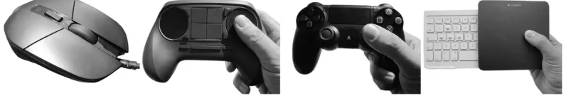 FIGURE 7.2 Mouse, Steam controller, PlayStation, DualShock 4, and Touchpad concept controller.