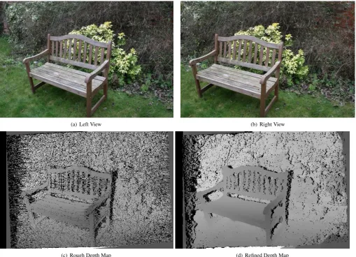 Figure 5: Example of Depth map ﬁltering using the proposed candidate selection. On (a), (b), the left and right views