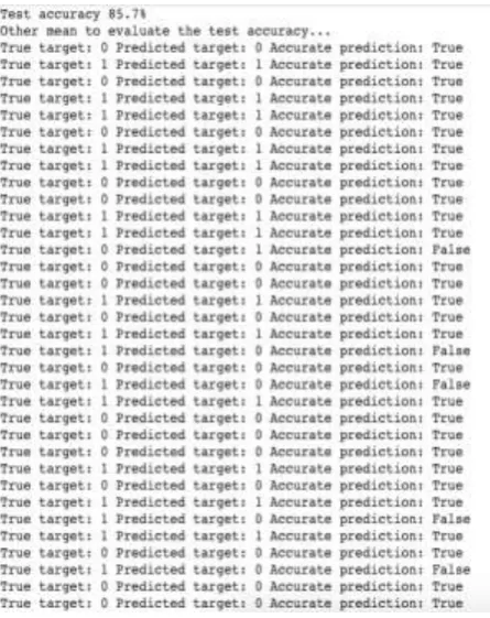Figure 4.6: Test accuracy reads 85% showing the true target, the predicted target and the prediction 