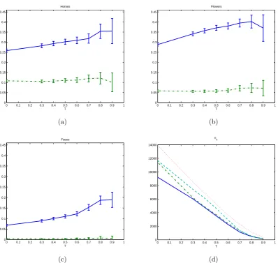 Figure 3.2: (a): proportion of correct classiﬁcation for the horses dataset p(green dashdot line) w.r.t.line), ﬂowers (green dashdot line) and faces (dotted red line) andproportion of correct classiﬁcation for the faces datasetp (solid blueline) and 1 − pn