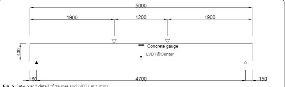 Fig. 5 Set-up and detail of gauges and LVDT (unit: mm).