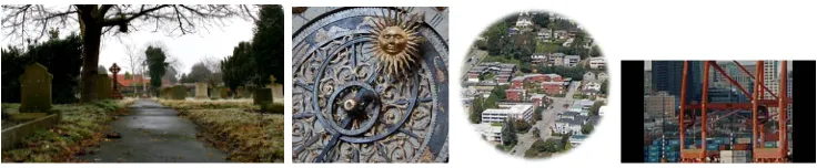 Figure 3. First frames from the graveyard(1920×1080), clock(475×475), house(419×419), and dock (416×220) sequencesused to compare the performance of the KLT and Viterbi trackers