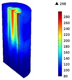 Fig. 9 Surface temperature obtained with a thermo camera, lateral andfront view of 4 lignite briquette after microwave treatment, maxtemperature 99 ◦ C