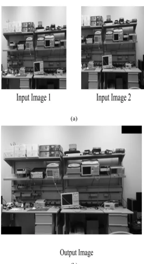 Fig. 9. Image stitching result of 1280x1024 images for K=8. (a) input images (b) output image  