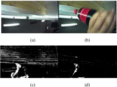 Fig. 1. Enlarged images with the LED flicker noise and difference images with low and high thresholds; (a) a reference frame, (b) a current frame, (c) a difference image with a low threshold, (d) a difference image with a high threshold