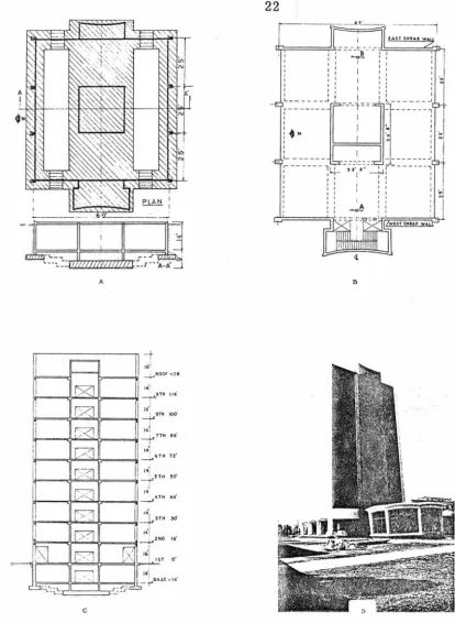 Figure 3.1 Millikan Library Building: (a) foundation plan and N-S section; (b) typical floor plan; (c) a N-S section view; (d) view of building looking Northwest