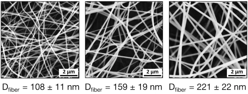 Figure 1. Scanning electron micrographs demonstrate ability to electrospin nanofibers of 