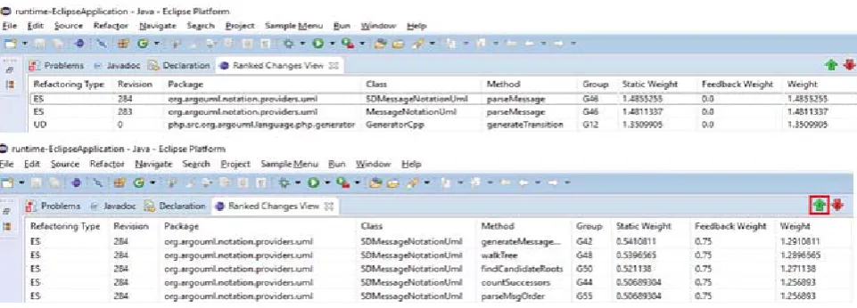 Fig. 2. Top: initial recommendations based on program quality metrics and statistics; Bottom: ranking changes according to userfeedback