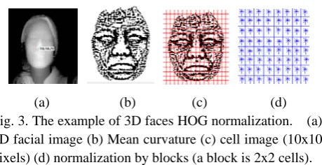 Fig. 3. The example of 3D faces HOG normalization.  (a) (a)          (b)        (c)         (d) 3D facial image (b) Mean curvature (c) cell image (10x10 