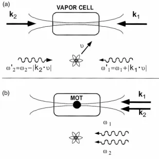 Figure 3.1: vapor Doppler free spectroscopy: (a) using counter propagating beams in a cell, (b) using co-propagating beams in a MOT