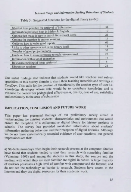 Table 3: Suggested functions for the digital library (n=60)