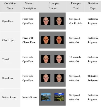Figure 3.1. Summary of experimental conditions and example stimuli. 