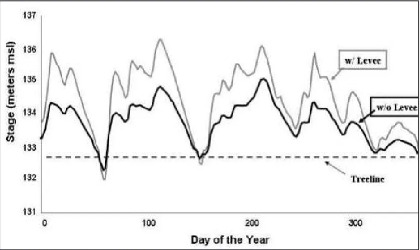 Figure 2.  Simulated daily water levels in the Illinois River at River Km 201, with agricultural levees (w/ levee) and without levees (w/o levee), using flow data from 1993, when major, damaging floods occurred