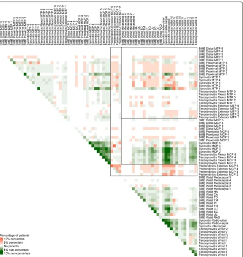 Fig. 1 Plot of prevalence of all possible pairs of MRI inflammatory features in both converters and non-converters in the discovery cohort