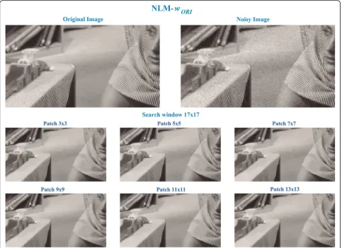 Fig. 4 The visual results obtained during the evaluation and selection of the patch size, a original Barbara image close-up, b image corruptedwith Gaussian noise of σ = 10, filtered images with different patch size of c 3 × 3, d 5 × 5, e 7 × 7, f 9 × 9, g 11 × 11, and h 13 × 13