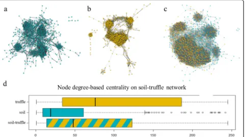 Fig. 5 Networks representing microbial communities from soil habitat (a), from truffle habitat (b), and from combined soil and truffle habitats (c).Each node represents a species, and node color is related to the habitat the species belongs to (blue for so