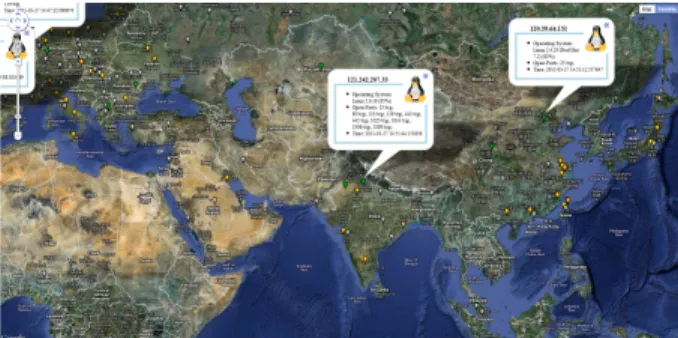 Fig. 4. Geolocation based host enumeration from network telescope data with open info windows.