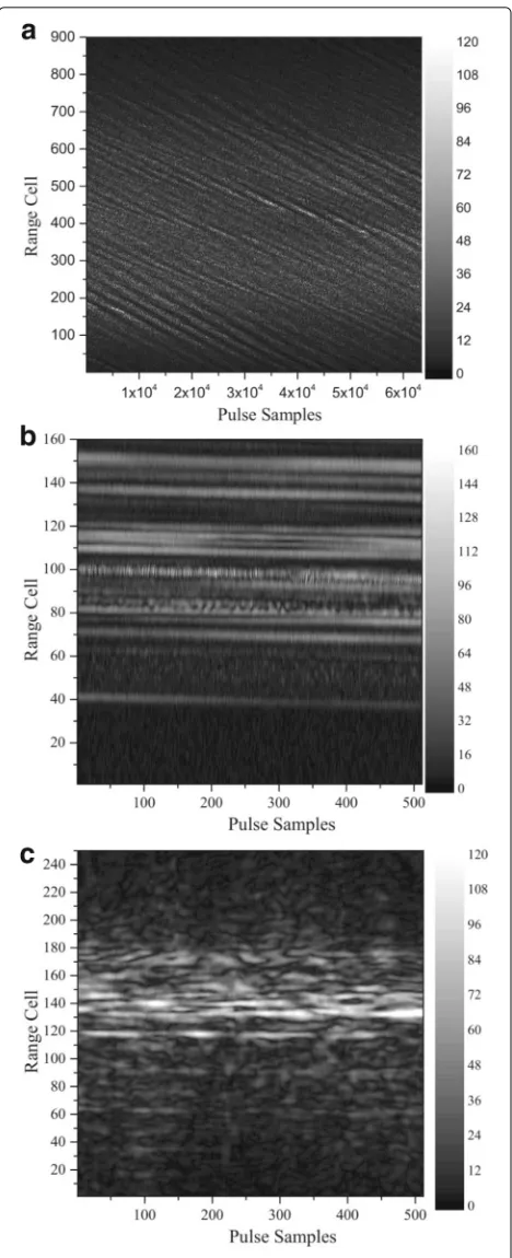 Fig. 1 Amplitude-range-pulse maps of the recorded data samples: aSea clutter. b target 1