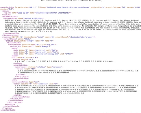 Fig. 6. The GND formatted XML outputcontains a documentation, the incident and outgoing neutron energies, the data, total relative uncertainties and associated ﬁle automatically generated by ARIADNE with the input deck of Figure 2 is shown