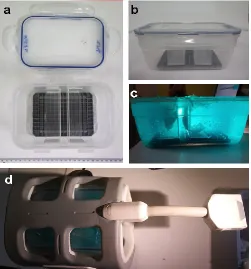 Figure 2. Phantom components and set-up. a) Top view of the phan-tom in the open configuration showing squared grid at the bottom and polypropylene support for facilitating spatial orientation of os-
