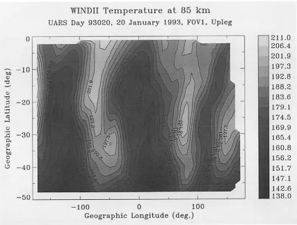 Fig. 1a. Map of the WINDII temperatures at 85 km, in the Southern hemisphere for January 20, 1993