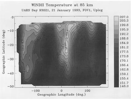 Fig. 1b. Map of the WINDII temperatures at 85 km, in the Southern hemisphere for January 21, 1993
