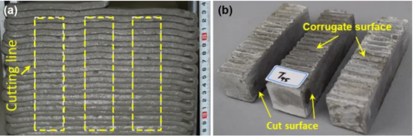 Fig. 1 a Forty-layer structure manufactured through an extrusion based printing system and b prism specimens with corrugatesurface sawed from the printed structure.