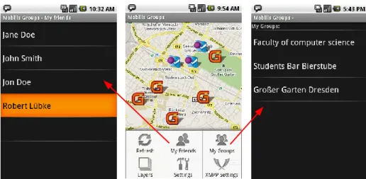 Fig. 8. Screenshots of MobilisGroups.