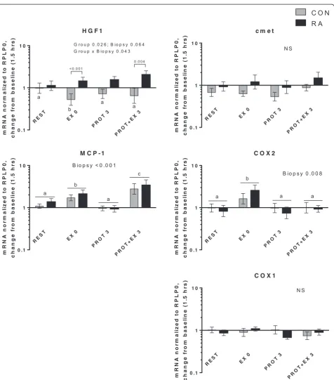 Fig. 6 Satellite cell regulators and inflammation. mRNA expression relative to 1.5 hrs (baseline)