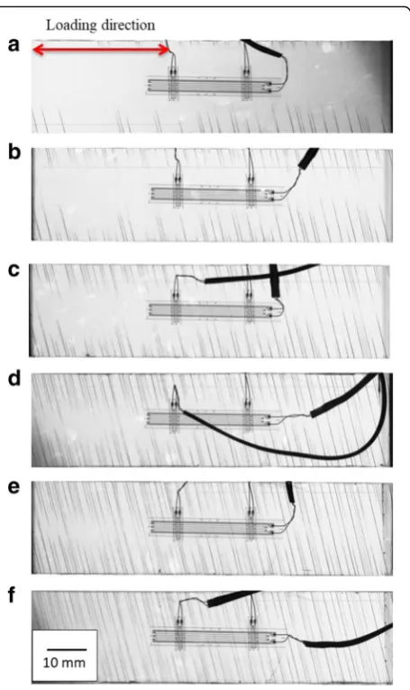 Fig. 13 X-ray images of CFRP[1] [0fε3/7524/03] laminate a σ =300[MPa], ε = 1.10[%], b σ = 320[MPa], ε = 1.24[%], c σ = 340[MPa], = 1.31[%], d σ = 360[MPa], ε = 1.42[%], e σ = 400[MPa], ε = 1.59[%], σ = 430[MPa], ε = 1.75[%]