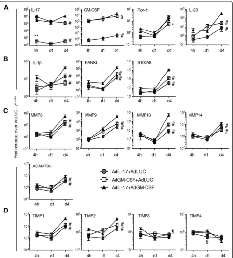 Fig. 4 Quantitative PCR analysis of inflammatory and anti-inflammatory mediators in synovial tissue after adenoviral transfer into the knee joint.a Interleukin (IL)-17, granulocyte macrophage colony-stimulating factor (GM-CSF), RAR-related orphan receptor 