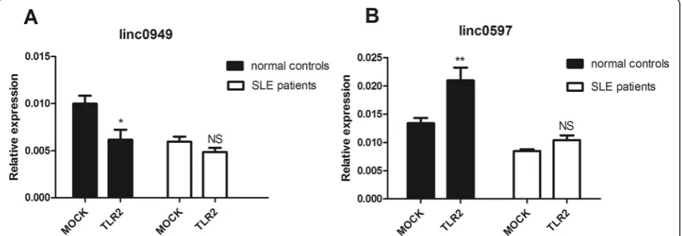 Figure 5 Regulation of large intergenic noncoding RNAs in peripheral blood mononuclear cells by Pam3CSK4.performing unpaired(20 ng/ml) in healthy controls, and it was not significantly different after treatment in patients with SLE.intergenic noncoding RNA