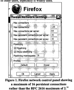 Figure 1. Firefox network control panel showinga maximum of 16 persistent connections