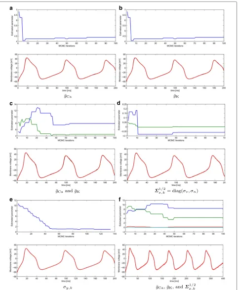 Fig. 5 Realizations of the PMCMC algorithm for joint state-parameter estimation. Each panel corresponds to different unknown parameters, seeand Potassium maximal conductances, (Table 2
