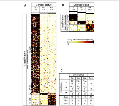 Figure 3 Heatmaps and confusion matrix for the study group ‘Berlin’. Data were obtained using the study group ‘Berlin’ (10 controlgroup (CG), 10 osteoarthritis (OA), 10 rheumatoid arthritis (RA)) as the training set for the rule generation and re-applying 