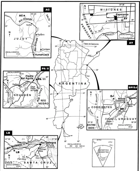 Fig. 1. Map of Argentina and location of the sampling sites mentioned in the text. AC: Alero de las Circunferencias, AY: Arroyo Yarara, BP: Barranca´Pelada, SJ: San Juan, PA11: Piedra del Aguila 11 and, LB: Las Buitreras.
