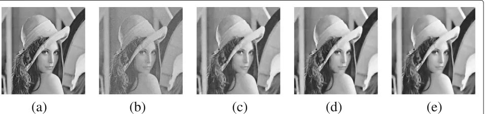 Fig. 2 Reconstructed results on Lena;method M1; a original image; b Lena image corrupted with additive Gaussian noise with σ = 20; c restored image by d restored image by method M2; e restored image by method M3