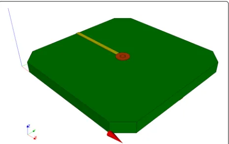 Fig. 1 CAD model of a single via on a circuit board. Composite board(green) embeds a copper trace (yellow) and a thru hole via (brown)