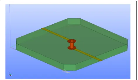 Fig. 2 Simulation model of the one layer circuit board. Compositeboard (green, transparent) embeds a copper trace (yellow) and a thruhole via (brown)