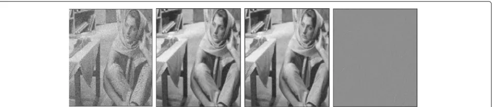 Fig. 8 Left to right: noisy image, restored rice image by our algorithm, image obtained by PMPL method with p = 20, the difference image