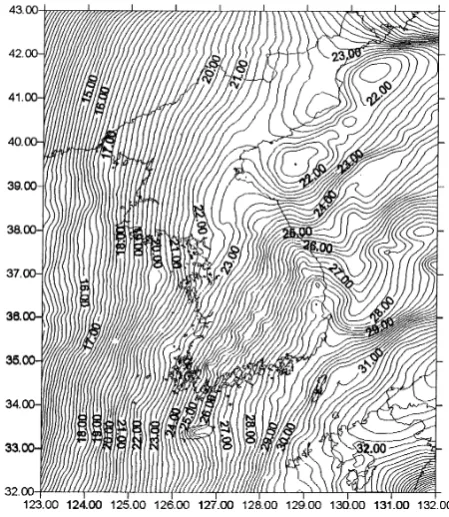 Fig. 5. Residual geoid undulation obtained from two dimensional sphericalFFT, zero-padding applied, Contour interval: 20 cm.