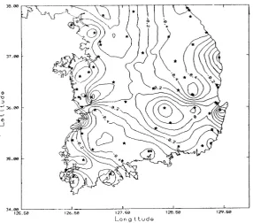 Fig. 7. The locations of GPS stations and the discrepancy distributions between the gravimetric and the GPS/Leveling derived height anomalies, Contourinterval: 10 cm.